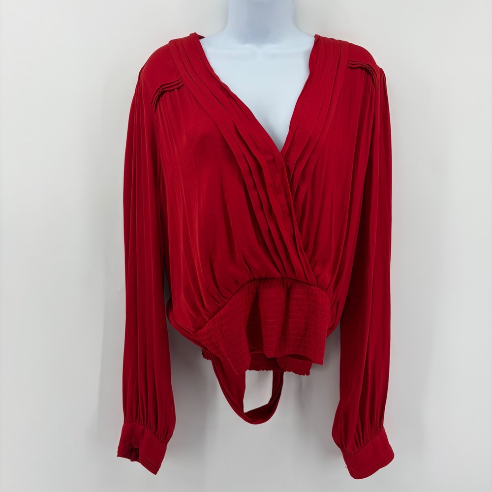 Anthropologie Womens XL Red Blouse Surplice Smocked Waist Pleated Pom Pom Trim